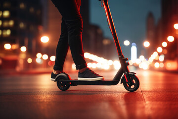 Close up of person riding electric scooter at the street