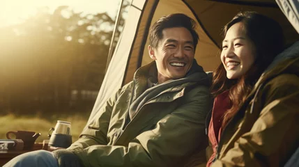 Fotobehang Close-up Asian couple camping cheerful in the morning © EmmaStock