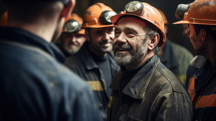 Fototapeta premium Close-up engineer talking with group labor in the mine