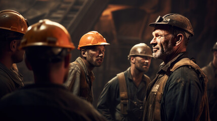 Obraz premium Close-up engineer talking with group labor in the mine