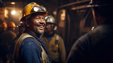 Close-up engineer talking with group labor in the mine - obrazy, fototapety, plakaty