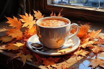 cup of coffee with autumn leaves