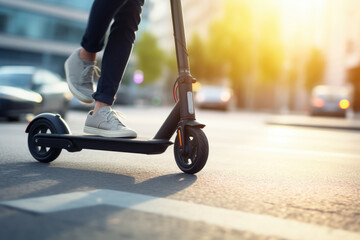 Close up of person riding electric scooter at the street