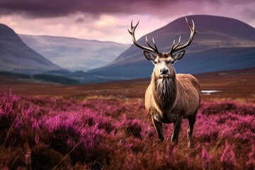 Red stag with antlers grazes in lush summer grass on rolling hill. Majestic male deer in highland...