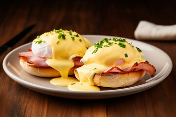 Classic eggs benedict dish, home cooked or restaurant menu dish. - obrazy, fototapety, plakaty
