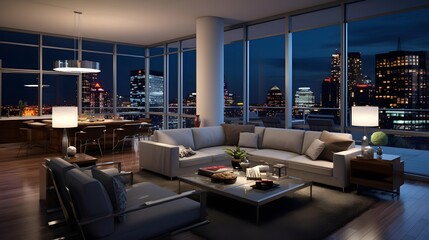 Panoramic view of modern living room at night with city view