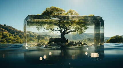  a tree in a glass box floating in the water with rocks and trees in the background.  generative ai