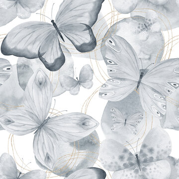 Fototapeta Abstract floral print with flowers, geometric shapes and golden elements on white background. Watercolor seamless pattern. Hand drawn  illustration. Mixed media art