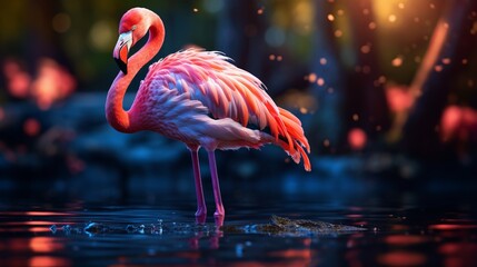 flamingo in beautiful light with natural habitat - obrazy, fototapety, plakaty
