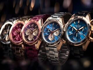 Wrist watches in luxury store, closeup. Luxury wristwatch collection.