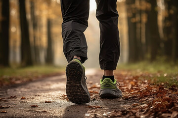 Close-up of a man's sneakers walking along a wet forest path in sports shoes in the sun's rays.