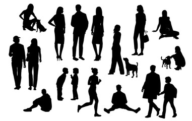 Silhouettes men, women, teenagers and children standing, walking, sitting, with dog, black color, vector, group rest people, students, the design concept of flat icon, isolated on white background