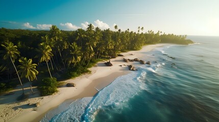 Aerial panoramic view of beautiful tropical beach with palm trees at sunset