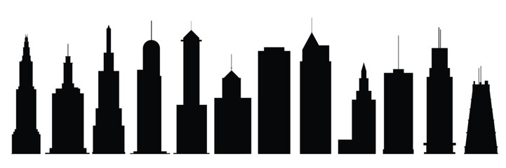 Collection of skyscrapers silhouette. Set silhouettes of skyscraper isolated on white background. Vector illustration.