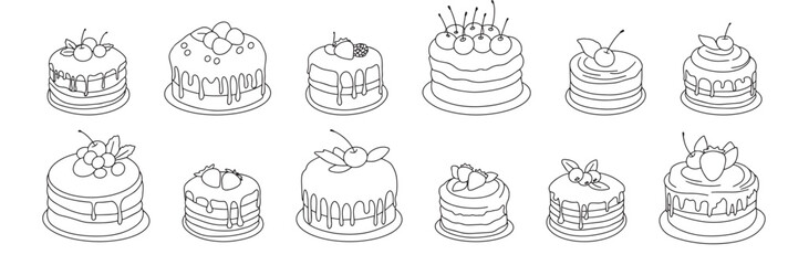 Collection of cakes in doodle style. Hand drawn cake isolated on white background. Set of outline cakes for icon or logo. Vector illustration.