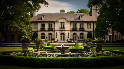 A panoramic shot of a beautiful mansion with a fountain in the foreground