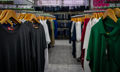 Collection of T-shirts and polo shirts in a store.
