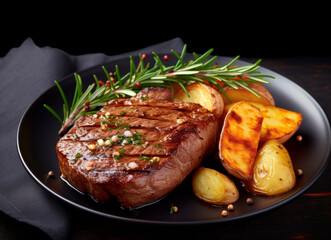 Gourmet Steak Feast. Enjoy a Delicious Meal: Juicy Steak, Roasted Potatoes, and Fresh Herbs on a Dark Background. Culinary Delights