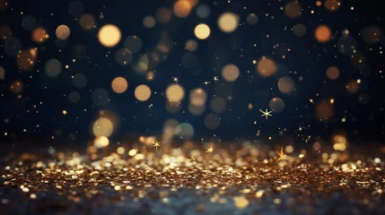 Foto op Aluminium Celebratory Merry Christmas and Happy New Year backdrop featuring shimmering gold particles set against a dark background.. © ckybe