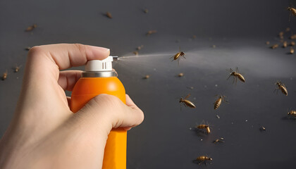main tenant un spray anti moustique vaporisateur - obrazy, fototapety, plakaty