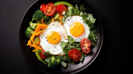 Fototapeta na wymiar fried eggs with vegetables in a frying pan, delicious healthy food, top view