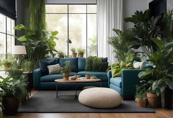 salon avec canapé bleu et beaucoup de plantes dans une ambiance cocooning