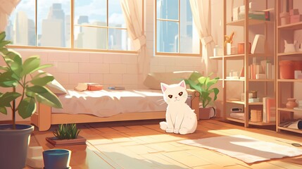  a white cat sitting on the floor in a room with a bed.  generative ai