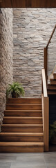 Wooden luxury staircase and stone cladding wall in rustic hallway. Cozy home interior design of modern entrance hall with door.
