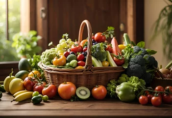 Fotobehang assortiment  fruits et légumes dans un panier en osier © Jérôme Rommé