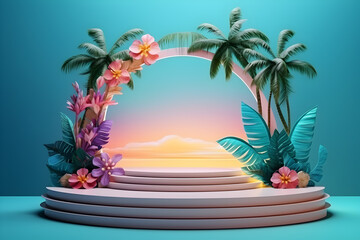 Fototapeta na wymiar Summer themed tropical podium for display product. Background for cosmetic product branding, identity and packaging