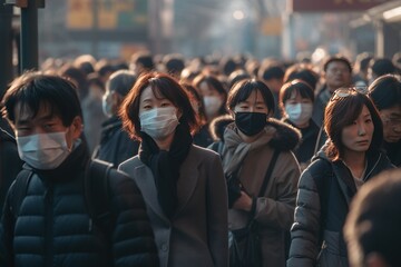 Fototapeta na wymiar Crowd of east Asian people walking street wearing masks