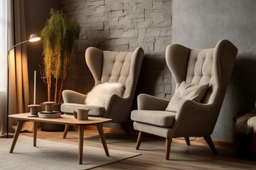 wing chair near rustic wooden coffee table. interior design of scandinavian living room with frames. Generative AI