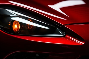 Closeup red sports car headlight. Generative AI