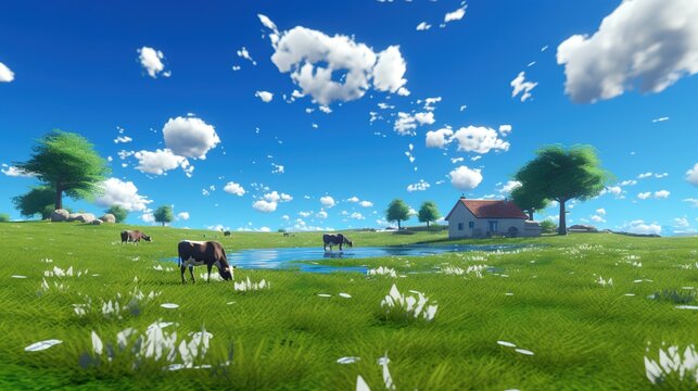  a painting of cows grazing in a field with a house in the background.  generative ai