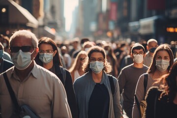 Crowd of people walking street wearing masks - obrazy, fototapety, plakaty