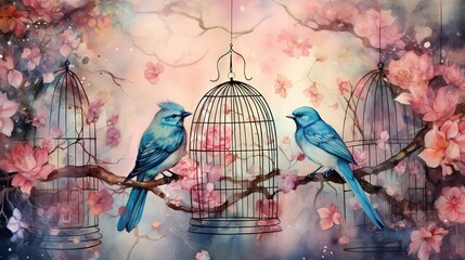  two blue birds sitting on a branch with a birdcage in the background.  generative ai