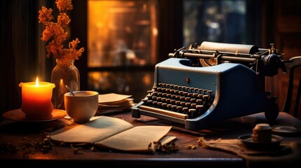 Typewriter on an autumn background. Writer's workplace. National Novel Writing Month concept.