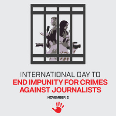 International Day to End Impunity for Crimes Against Journalists poster design. It features journalist behind bar and a no hand sign. Vector illustration.