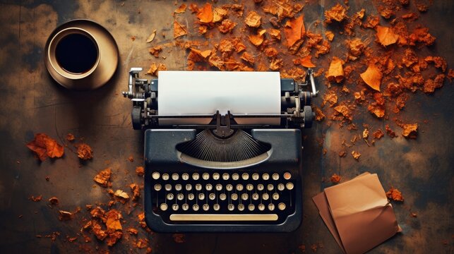 Typewriter on an autumn background. Writer's workplace. National Novel Writing Month concept.