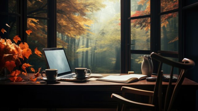 Typewriter on an autumn background. Writer's workplace. National Novel Writing Month concept. - Powered by Adobe