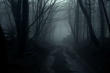 Eerie gloomy woods setting with a somber atmosphere. Ominous, spooky, macabre, creepy, desolate, haunting, melancholy, sinister, mysterious. Generative AI