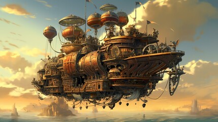 Visualize a steampunk-inspired island with mechanical creatures, gears, and steam-powered airships soaring above.