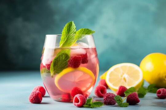 refreshing drink with raspberry, mint, lemon, and summer vibes. Generative AI