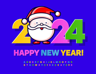 Vector funny greeting card Happy New Year 2024 with cute Santa Claus. Colorful sticker Font. Bright Alphabet Letters and Numbers set