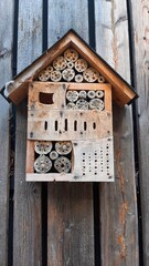 wooden beehouse hanging on planks