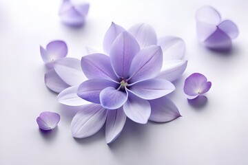 beautiful lilac flower closeup on white background, top view