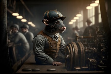 black rat miner baroque dirty uniform full decorated tools wideangle 24 mm focal lens 25m distance camera  - obrazy, fototapety, plakaty