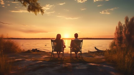 a young man and woman sitting at the shore during sunset, in the style of photo-realistic landscapes, cabincore, zen minimalism, cinestill 50d, traditional, die brücke, eye-catching - obrazy, fototapety, plakaty