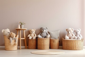 Illustration of teddy bears on floor and in wicker basket in light room at home against beige wall. Generative AI
