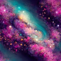 pink purple teal galaxy gold and glitter details ddigital art procreate 